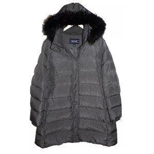Women's 1X Lands' End Winter 600 Down Coat Faux Fur Hood Dark Stone Heather